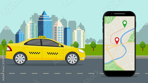 Taxi cab with mobile app. Taxi service with online map on phone, city background. Smartphone application with location ride on street. Yellow car on road by order of passenger. Flat design vector.