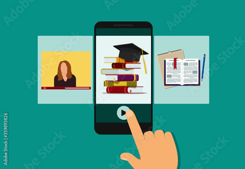 Online education in classroom on mobile. E-learning in school, university with lesson of teacher in video. Flat hand holds phone with training app in college. Electronic library for study. vector.