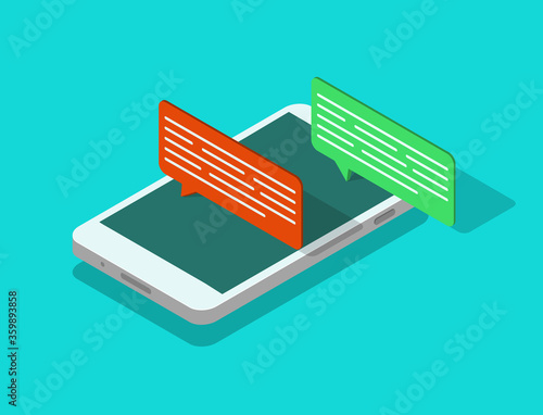 Mobile phone isometric with speech bubble. Sms chat icon in smartphone. People talk online in social media app. Client feedback notification on cellphone. Design conversation in app. vector.
