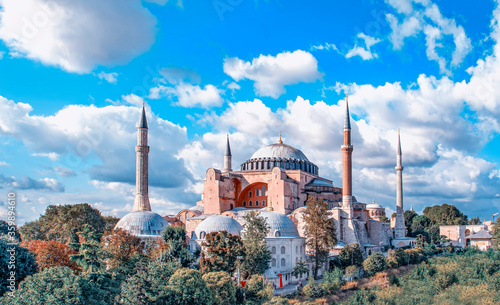 Sunny day architecture and Hagia Sophia Museum, in Eminonu, istanbul, Turkey 