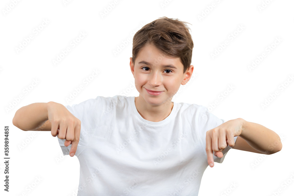 Teenage boy in white shirt. Portrait in studio. Funny faces.