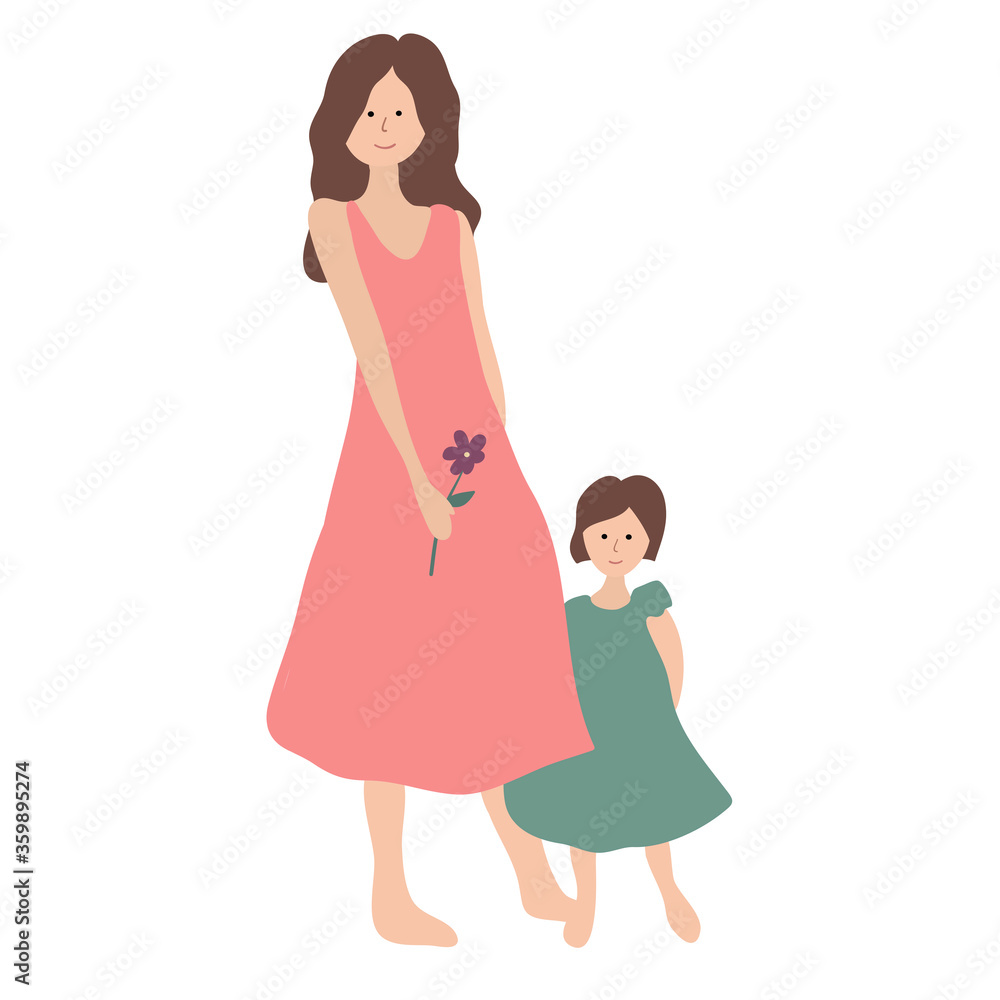 Woman with a small daughter in summer dresses barefootVector illustration.mom and daughter. White background. Woman with a small daughter in summer dresses barefootVector illustration.mom and daughter. White background.