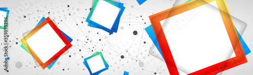 Multicolored squares arranged on a plexus abstraction for use in scientific or technical fields. Geometric abstract background with connected dots and lines.