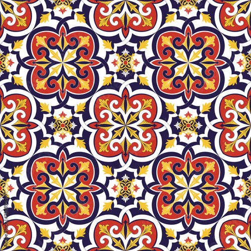 Spanish tile pattern vector seamless with mosaic motifs. Sicily italian majolica, portuguese azulejos, mexican talavera, venetian ceramic. Vintage background for kitchen wall or bathroom floor.
