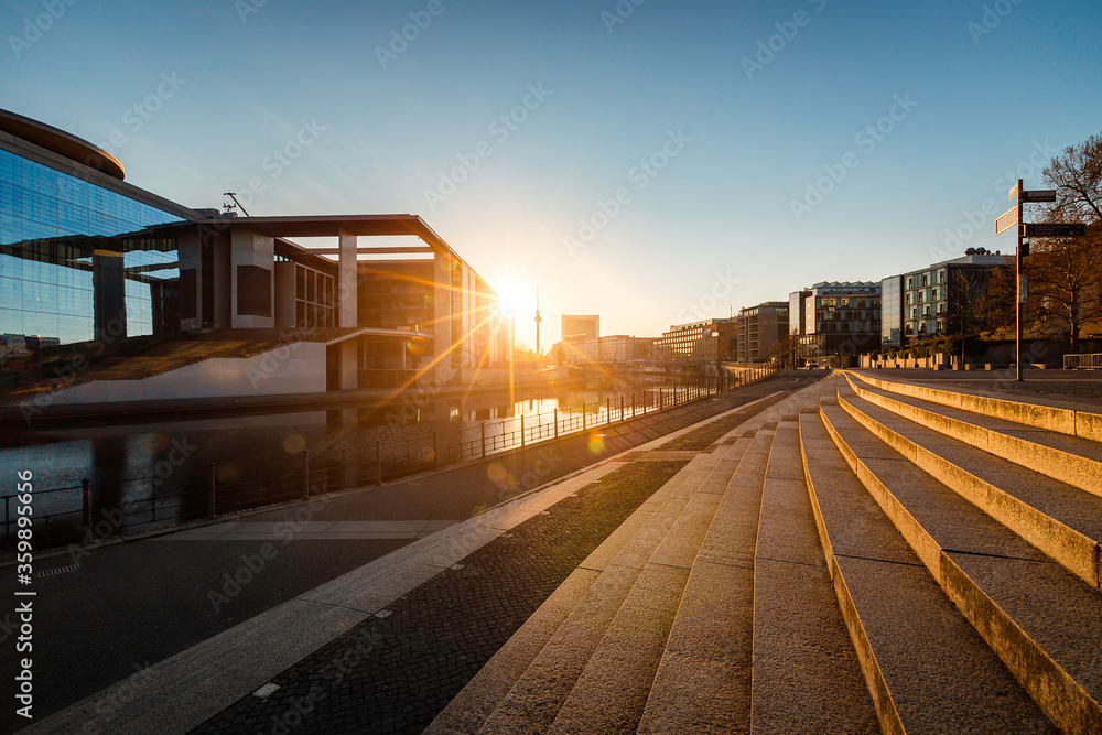 Berlin sunrise cityscape view with tv tower and spree river