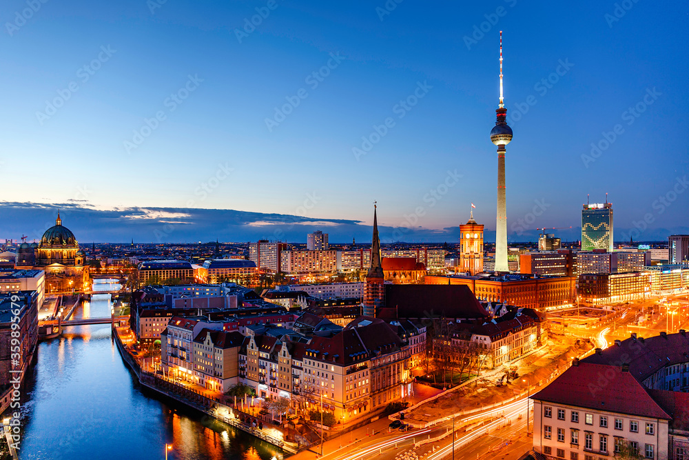 Berlin night cityscape aerial view with television tower