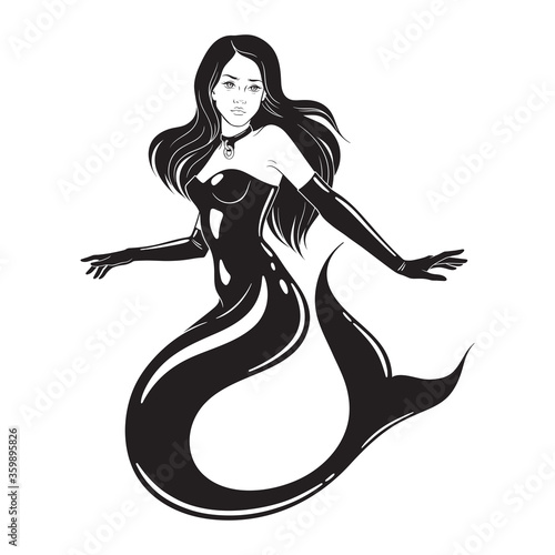 Beautiful mermaid wearing fetish latex suit and collar isolated. Tattoo, sticker or print design vector illustration.