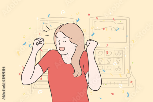 Success, game, victory, gambling, jackpot concept. Happy cheerful excited young woman girl winner gambler enjoys jackpot prize in casino slot machine. Goal achievement and lucky winning illustration.