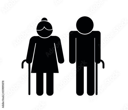 Senior women and men standing and strolling with walking sticks. Old people characters flat vector.

