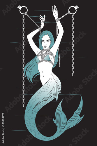 Beautiful mermaid knitted in fetish shibari bondage technique tattoo, sticker or print design vector illustration.