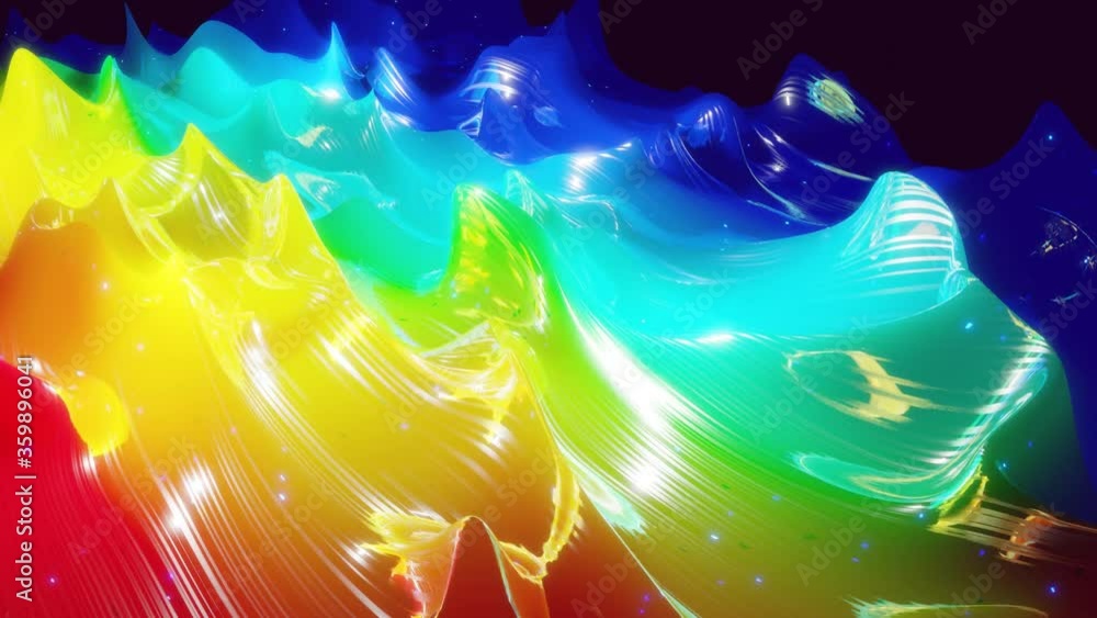 Abstract 3D surface with beautiful waves, luminous sparkles and bright color gradient, colors of rainbow. Waves run on very shiny, glossy surface with glow glitter. 4k looped animation Abstract 3D surface with beautiful waves, luminous sparkles and bright color gradient, colors of rainbow. Waves run on very shiny, glossy surface with glow glitter. 4k looped animation