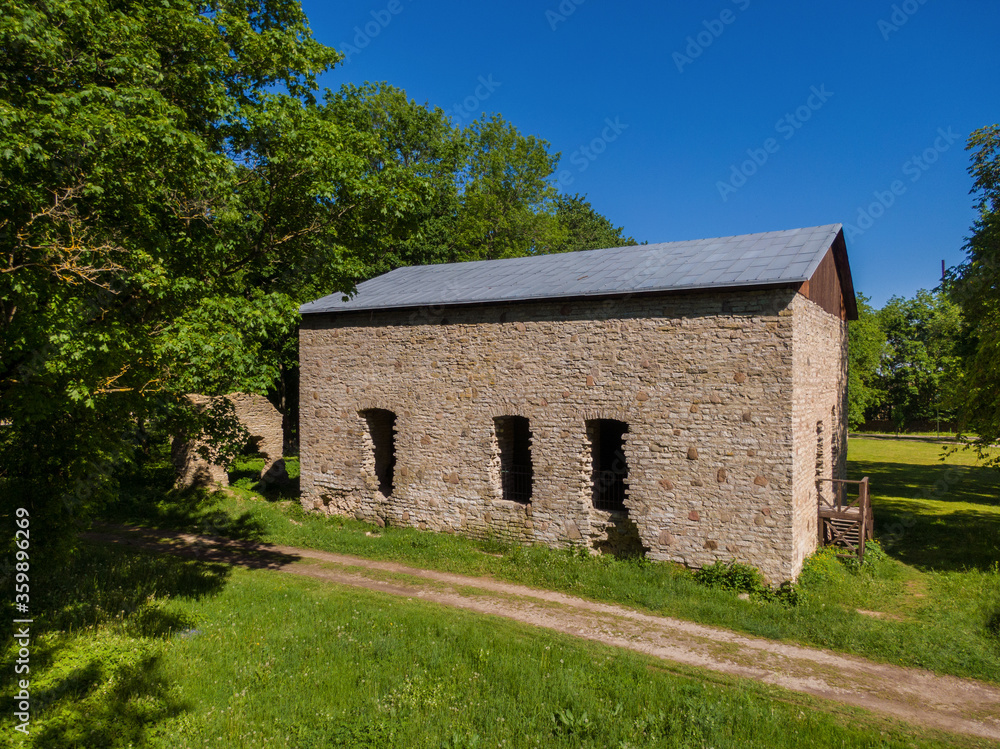 Fototapeta premium Jarve village / Estonia - June 13 2020: Aerial view of Järve manor ruins (sometimes carrying a name Türpsal). About 15 century.