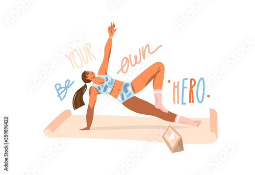Hand drawn vector abstract stock graphic illustration with young happy female, doing fitness on mat and watching online training video on tablet isolated on white background