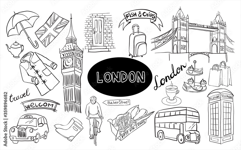 London attractions hand drawn isolated set vector illustration