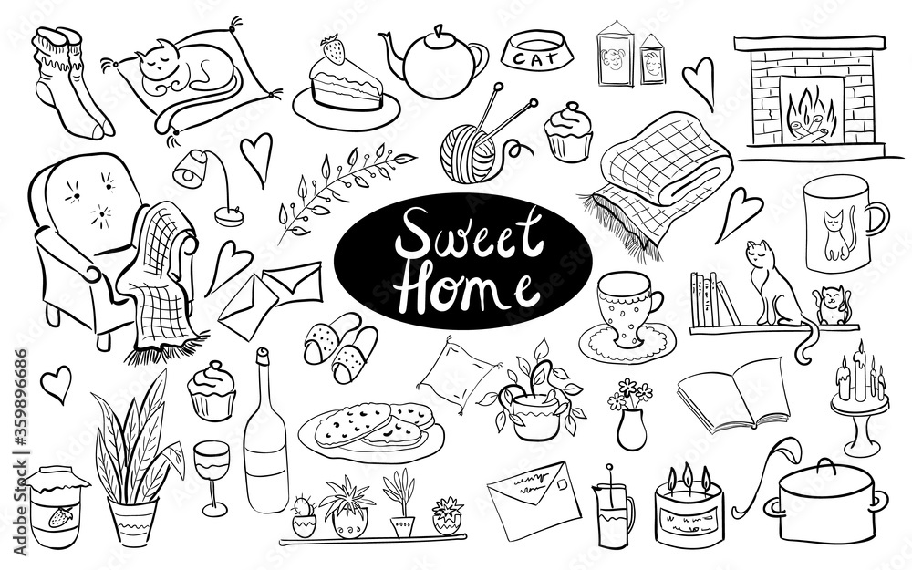 Sweet cozy home hand drawn set isolated vector illustration