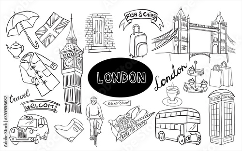 London attractions hand drawn isolated set vector illustration