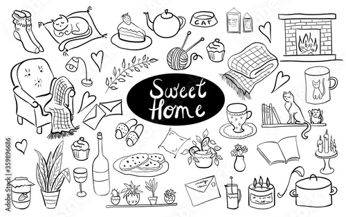 Sweet cozy home hand drawn set isolated vector illustration