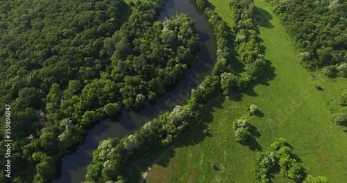 Aerial view to summer forest and river bend of Seversky Donets