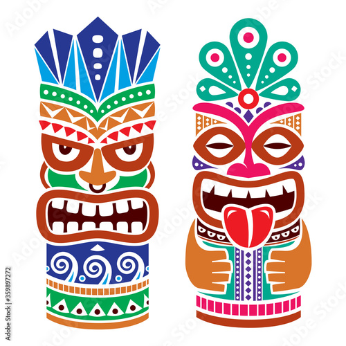 Tiki pole totem vector color design - traditional statue decor set from Polynesia and Hawaii, tribal folk art background
 photo