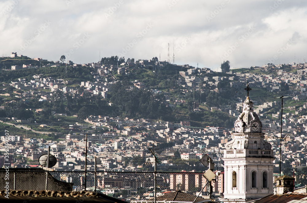 tower of Santo Domingo church in colonial Quito Ecuador South America