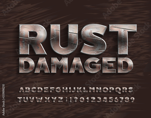 Rust Damaged alphabet font. Bold metal letters and numbers. Stock vector typescript for your design.