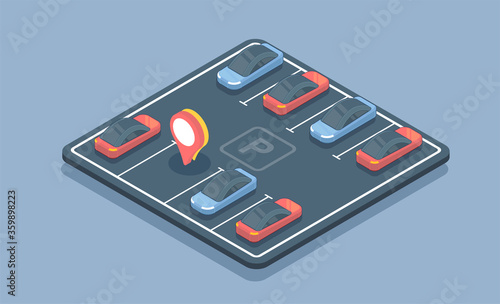 Isometric parking space cars. parking place geo tag pin icon.