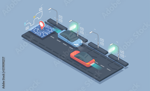 Sing and illustration of Traffic jam on the road. Driverless or self driving car at road. Futuristic autonomous vehicle remote sensing system.
