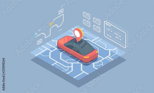 Dashboard theme creative infographic of city map navigation. GPS navigation app concept in isometric vector illustration. Smartphone application for global positioning system.