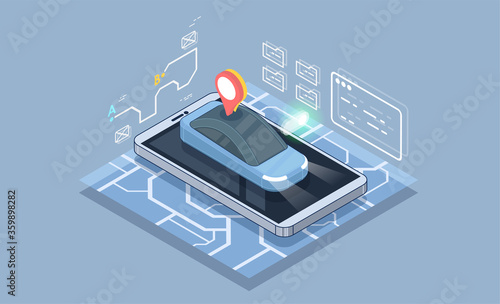 Dashboard theme creative infographic of city map navigation. GPS navigation app concept in isometric vector illustration. Smartphone application for global positioning system.