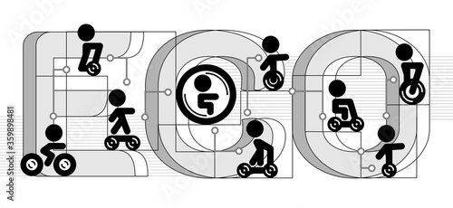 Stickman riding modern electric scooter, bicycle, skateboard, segway, hoverboard. Personal eco friendly alternative transportation vehicles icons set.
