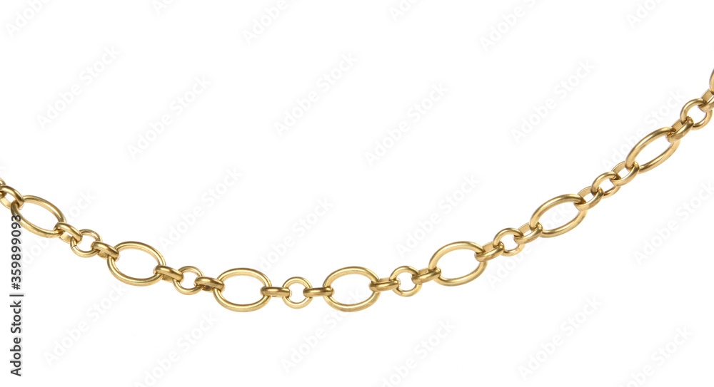 Fragment of a yellow metal chain on a white background. Isolated Fragment of a yellow metal chain on a white background. Isolated