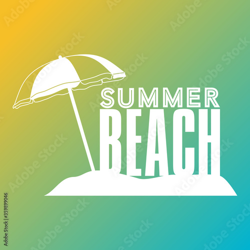 Logo blanc sur le thème de la plage en été sur un fond dégradé jaune et turquoise.