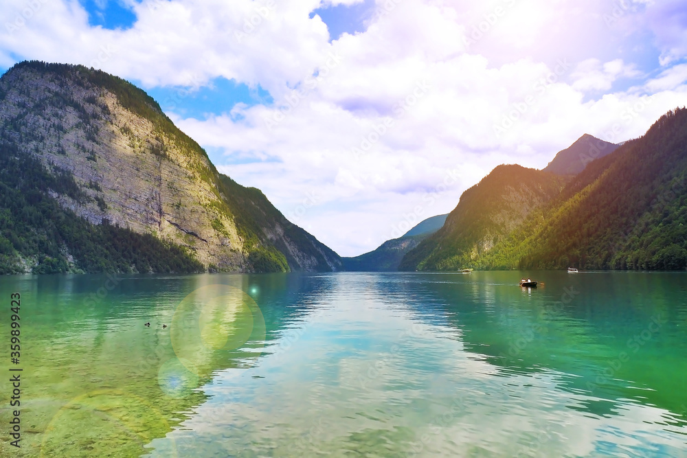 emerald clear fresh water Konigssee Lake deepest and cleanest lake at summer sunny time in Salzburg Germany