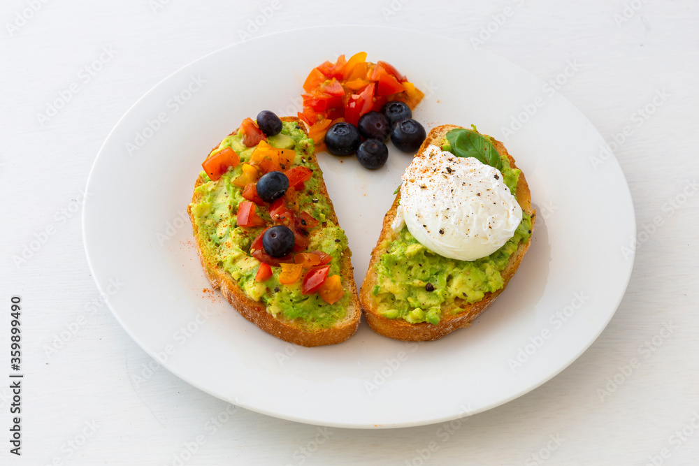 Tasty sandwich with poached egg, avocado and tomatoes Tasty sandwich with poached egg, avocado and tomatoes