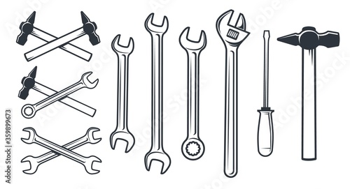 Hardware worker mechanical tools. Hammer vintage style. Handyman kit Spanner screwdriver. Crossed wrench icon. Vector illustration.