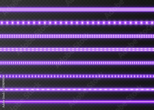 Purple LED strips collection, bright luminous ribbons isolated on a transparent background. Realistic neon lights, illuminated decoration tapes set. Vector illustration.