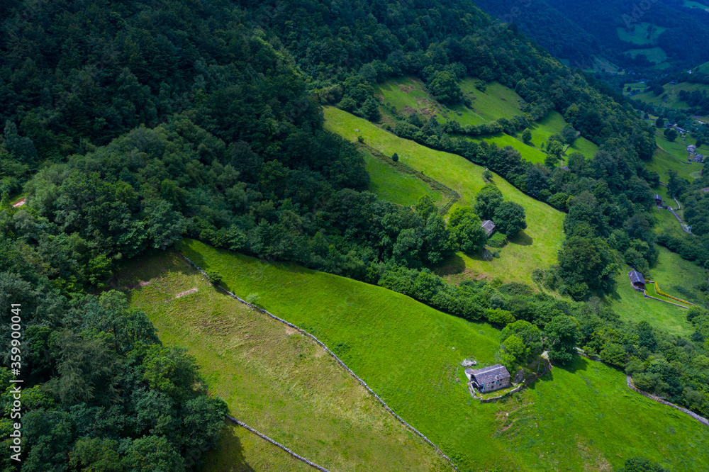 Aerial view of the Yera station at the North mouth of the La Engaña Tunnel, Vega de Pas, Valles Pasiegos, Cantabria, Spain, Europe Aerial view of the Yera station at the North mouth of the La Engaña Tunnel, Vega de Pas, Valles Pasiegos, Cantabria, Spain, Europe