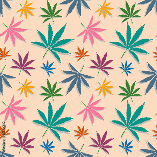 Pattern with Cannabis blue, green, yellow, purple, pink color leaves, marijuana plants colorful floral seamless vector background design