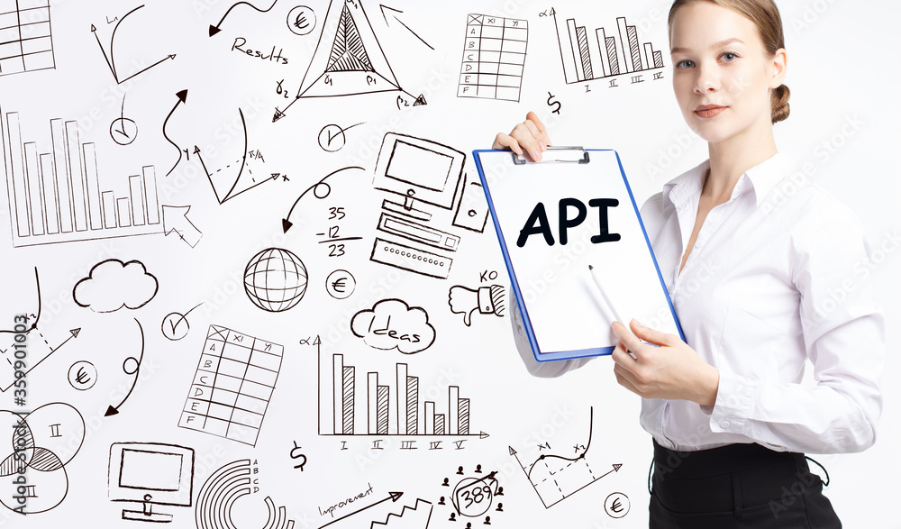 Business, technology, internet and network concept. Young businessman thinks over the steps for successful growth: API Business, technology, internet and network concept. Young businessman thinks over the steps for successful growth: API