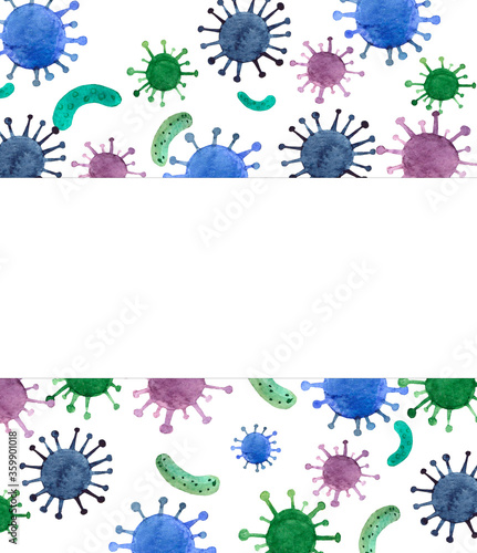 watercolor illustration of a bacteria, frame, background virus, natural medicine,coronavirus