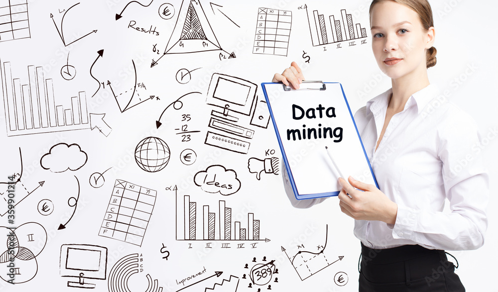 Business, technology, internet and network concept. Young businessman thinks over the steps for successful growth: Data mining Business, technology, internet and network concept. Young businessman thinks over the steps for successful growth: Data mining