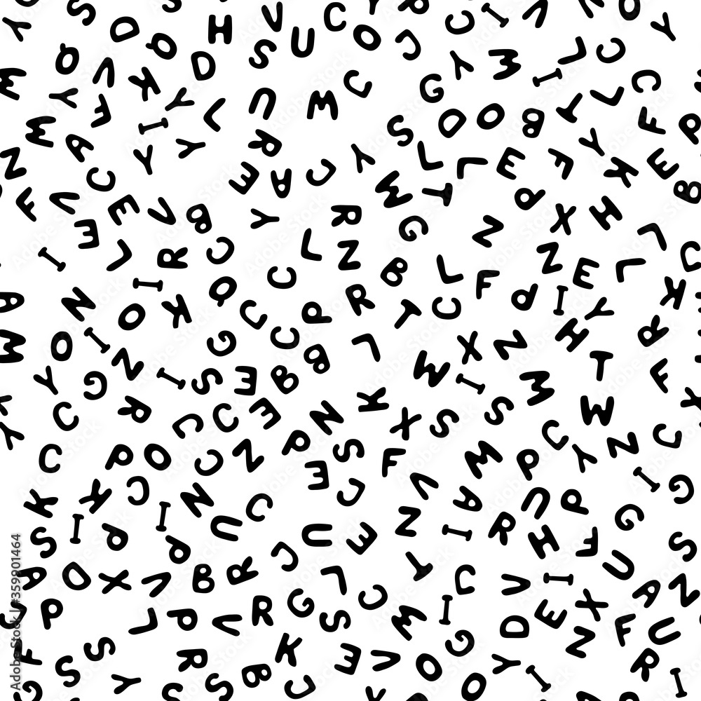 Vector illustration. Seamless pattern of black English letters on white background. Vector illustration. Seamless pattern of black English letters on white background.