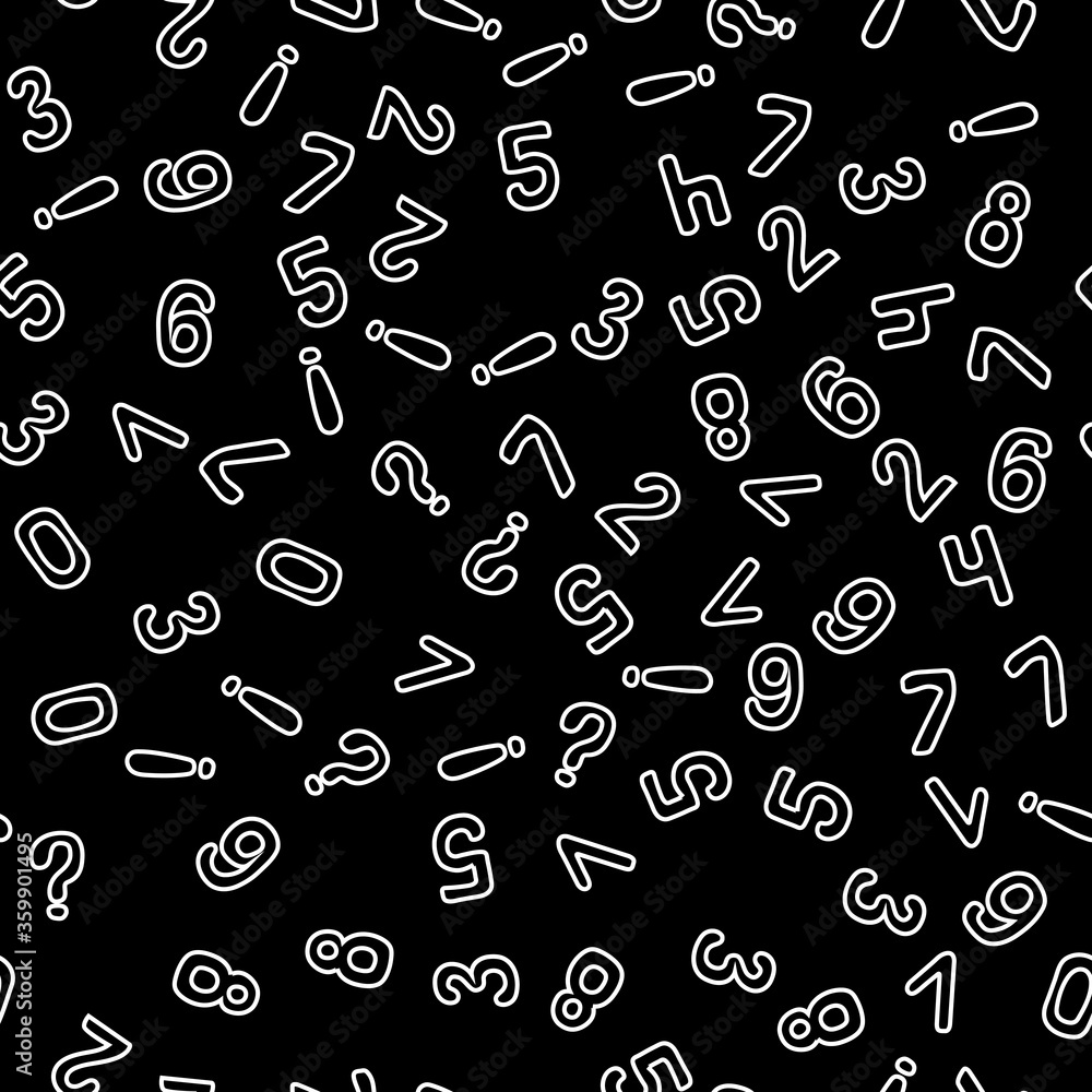 Vector illustration. Seamless pattern of white numbers on black background.
