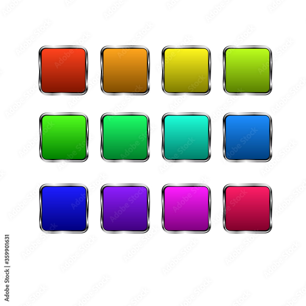 Vector illustration, clipart. Set of square buttons in different colors with metal frame. Vector illustration, clipart. Set of square buttons in different colors with metal frame.