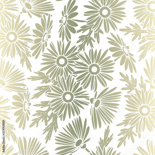 Vector Daisy Floral Silhouettes in Yellow Green Ombre Scattered on White Background Seamless Repeat Pattern. Background for textiles  cards  manufacturing  wallpapers  print  gift wrap and