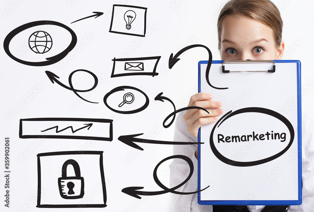Business, technology, internet and network concept. Young businessman thinks over the steps for successful growth: Remarketing Business, technology, internet and network concept. Young businessman thinks over the steps for successful growth: Remarketing