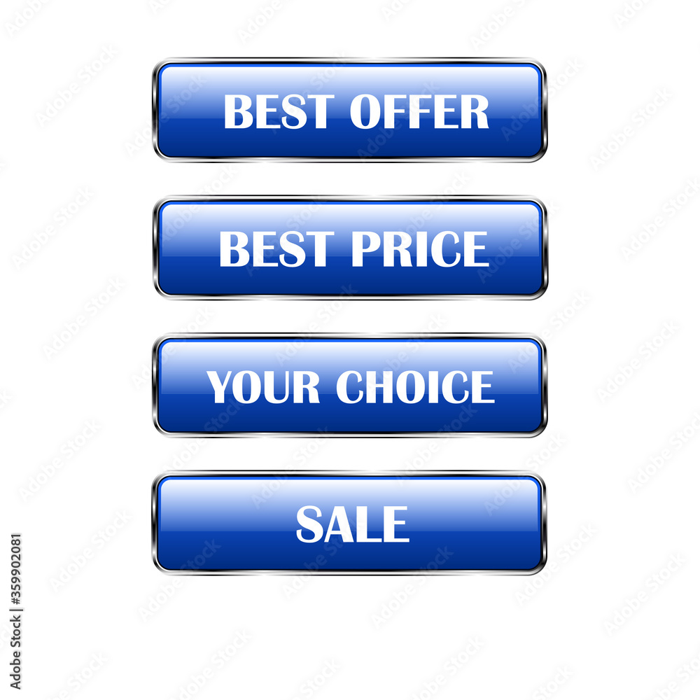 Vector illustration. Set of four rectangular buttons blue in a metal frame with inscriptions. Vector illustration. Set of four rectangular buttons blue in a metal frame with inscriptions.