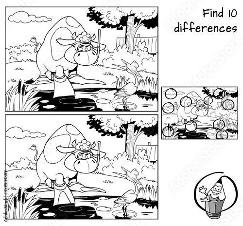 Bull wishing to go diving in a rustic pond. Find 10 differences. Educational game for children. Black and white cartoon vector illustration