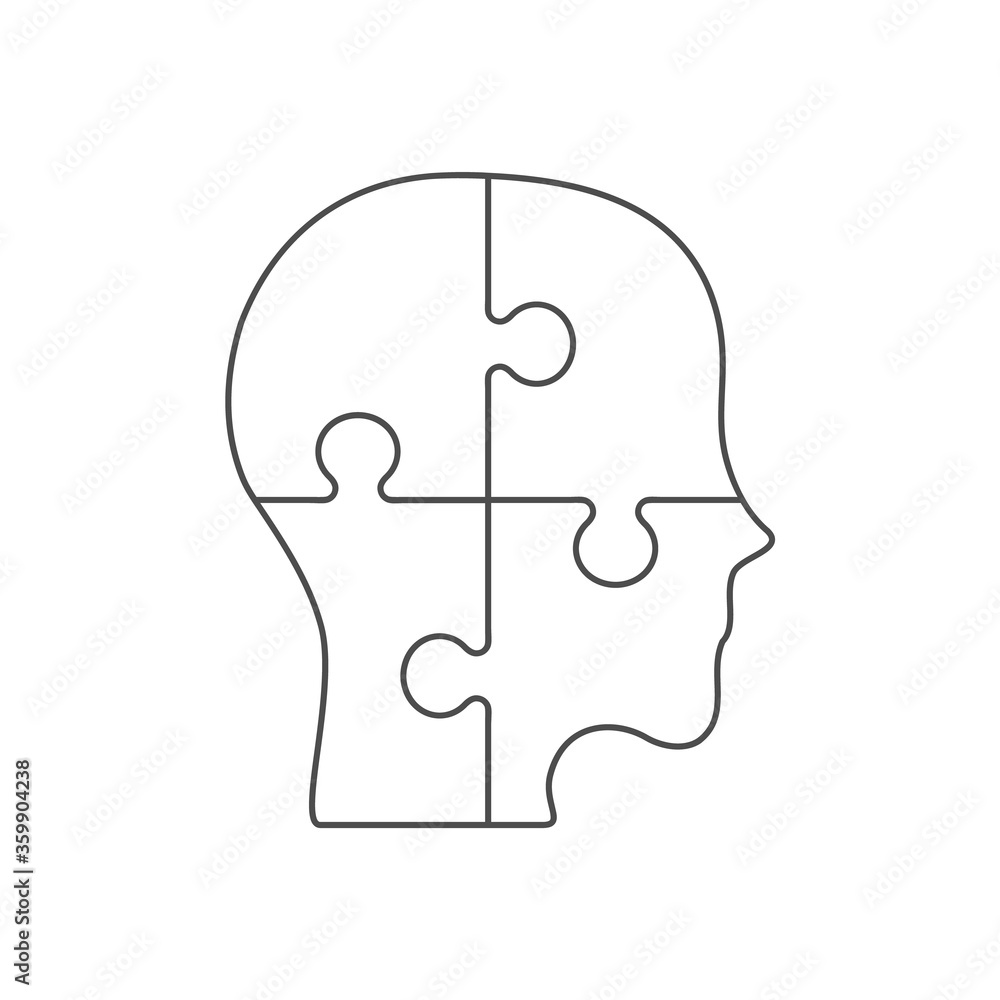Human head in a form of a puzzle. Infographic template. Four jigsaw pieces make a whole. Black outline on white background. Questions in human mind. Problem solving. Vector illustration, flat,clip art Human head in a form of a puzzle. Infographic template. Four jigsaw pieces make a whole. Black outline on white background. Questions in human mind. Problem solving. Vector illustration, flat,clip art