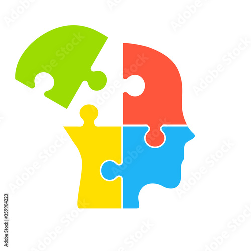 Human mind with a missing jigsaw puzzle piece. Alzheimer's disease and dementia concept. Depression and mental health issues. Confused man asks questions. Amnesia. Vector illustration, flat, clip art